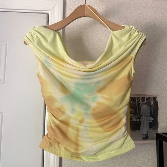 Viora lane Tops - VIORA LANE lime neon green cotton tie dye ruched off shoulder cropped top